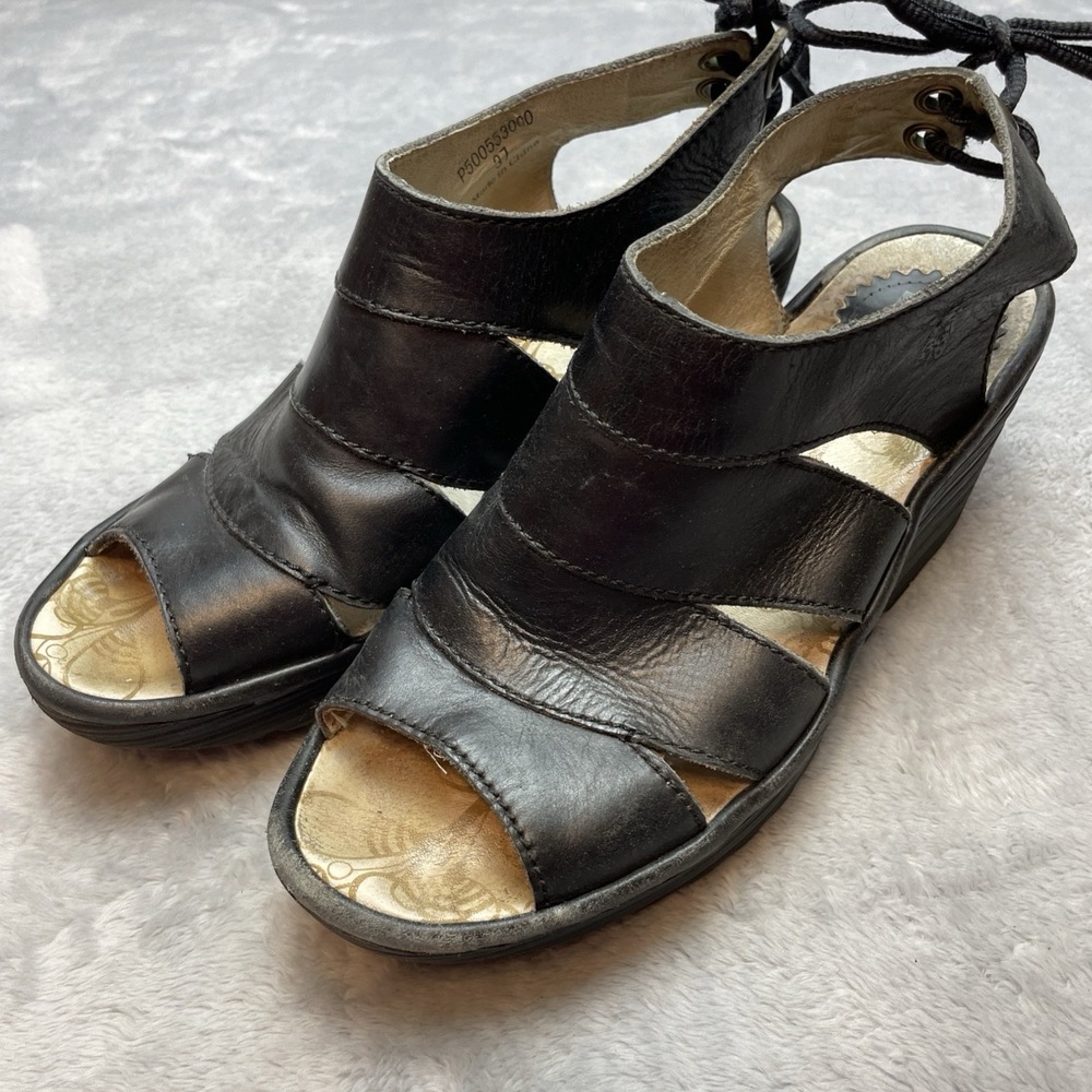 Fly London Womens Yown Rug Peep Toe Sandals Sz 37‎ US 6.5-7 Black Leather Wedges